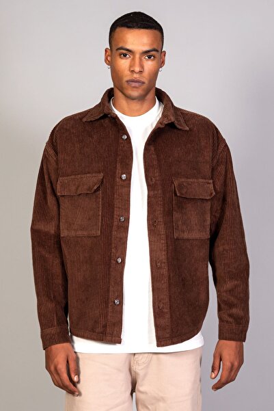 LTC Jeans Ανδρικό πουκάμισο καφέ μοντέλο Oversize Βαμβακερό βελούδινο μπουφάν
