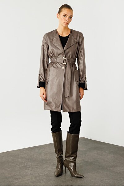 Moda İlgi Modailgi Beli Lastik ve Kuşak Detaylı Torba Cepli Şal Yaka Trenç Gri