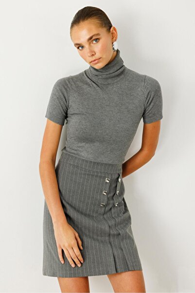 Moda İlgi Modailgi Düğme Detaylı Kısa Etek - 7099 Gri
