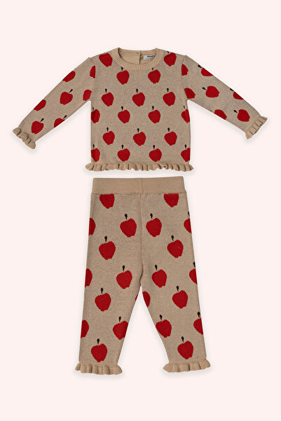 Panço Kız Bebek Elma Desenli Triko 2'li Bej Takım