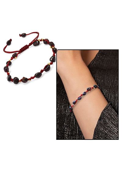 Tesbihane Macrame Braided Natural Cut Dorica Ball Detailed Lal Natural Stone Women's Bracelet