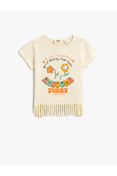 Koton Cotton Short Sleeve T-Shirt - Tassels and Printed Glitter