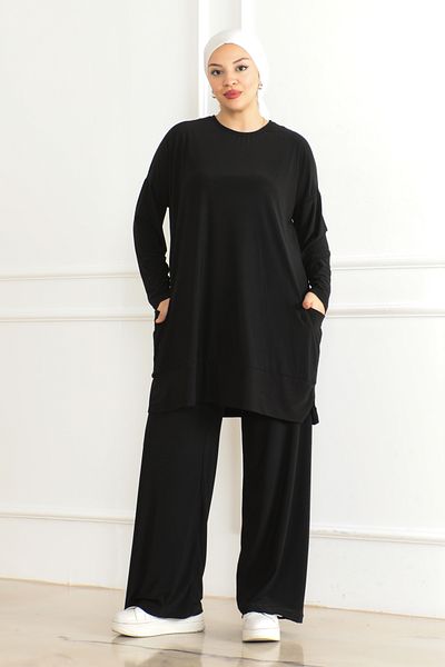 Eliva Women's Black Oversize Pocketed Wide Leg Comfortable Daily Casual Hijab Bottom - Top Set