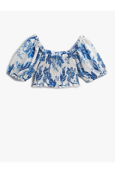 Koton Floral Crop μπλούζα μπαλόνι μανίκια Off Shoulder Gipe Λεπτομερή