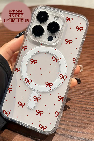 shoptocase Iphone 15 PRO Uyumlu Kurdele Desenli Magsafe Kablosuz Şarj Destekl...