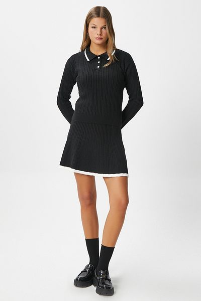Ritnice Women's Mia Polo Neck Black Stripe Sweater Skirt Knitwear Bottom Top Set