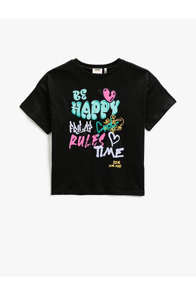 Koton Tricou crop cu mânecă scurtă din bumbac cu decolteu cu graffiti