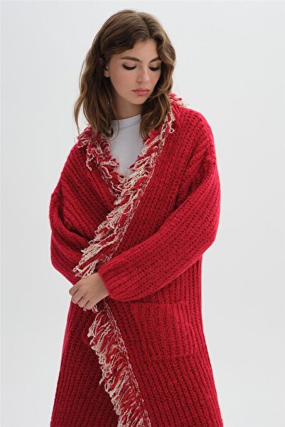 SHERIN Red Long Tasseled Sweater Cardigan