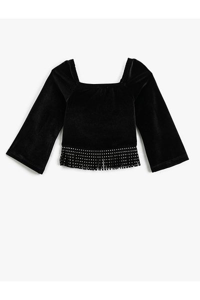 Koton T-shirt Crop Tassel με μακρύ φαρδύ μανίκι U λαιμόκοψη