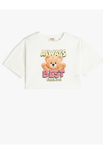 Koton Tricou oversize crop imprimat cu mânecă scurtă, decolteu, bumbac