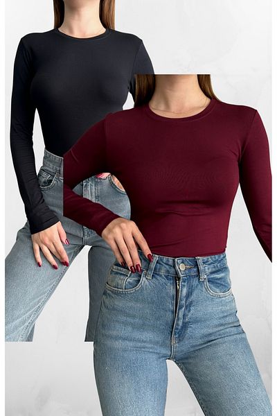 macharel jeans بدلة أساسية بأكمام طويلة ورقبة دائرية باللونين الأسود والأحمر كلاريت مكونة من قطعتين