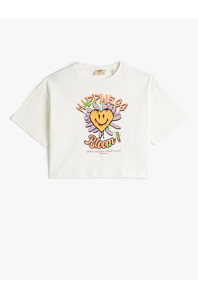 Koton Crop Oversize T-Shirt με στάμπα με κοντό μανίκι Crew λαιμόκοψη