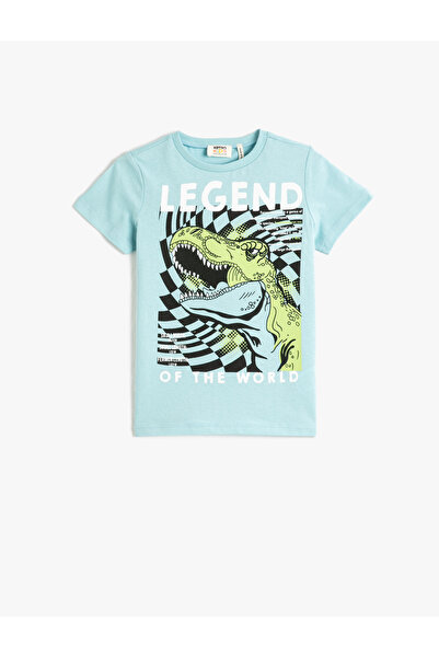 Koton Памучна тениска с къс ръкав с щампа на динозавър и кръгла яка