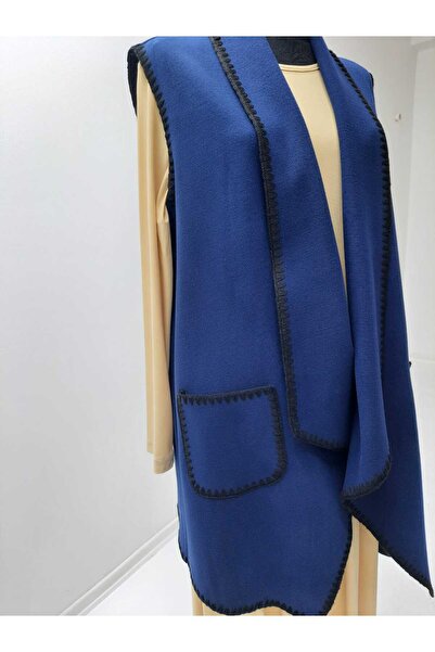 GigiTex Navy Blue Stamp Special Design Embroidered Vest with Pockets