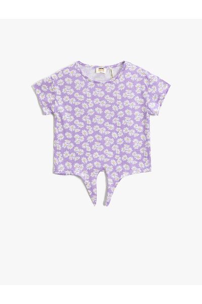 Koton Tricou cu flori cu detaliu cravată în față, mânecă scurtă, gât rotund