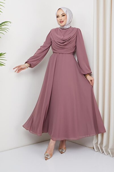 hakimoda فستان سهرة كبير الحجم بتصميم أريانا وياقة شال ولون وردي باهت مع حجاب