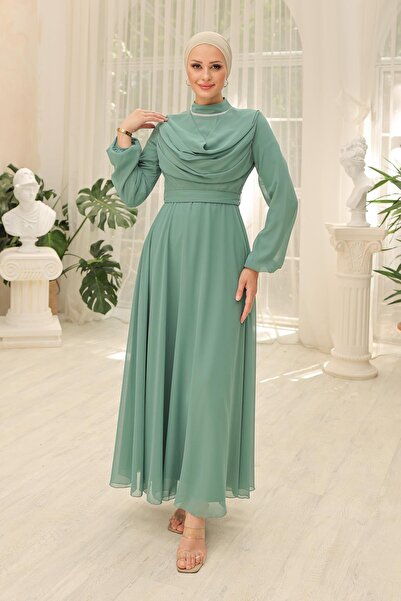 hakimoda فستان سهرة إسلامي كبير الحجم بياقة شال أريانا باللون الأخضر النعناعي