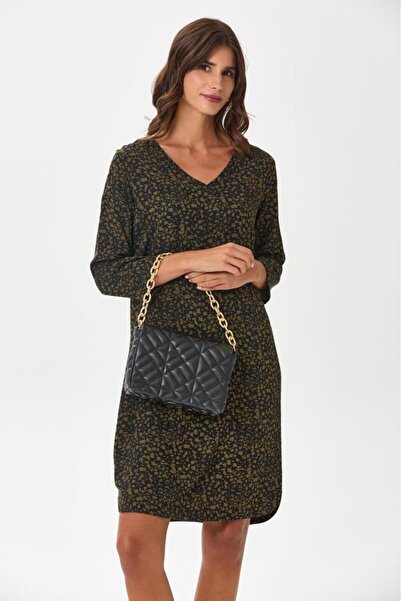 İKİLER V Yaka Duble Kol Eteği Oval Desenli Elbise 245-4007