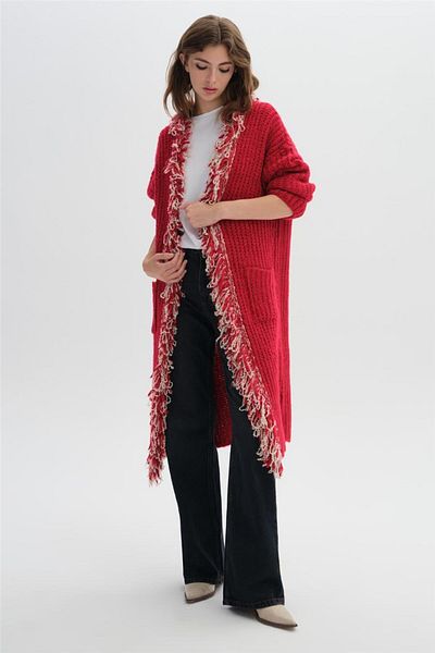 SHERIN Red Long Tasseled Sweater Cardigan