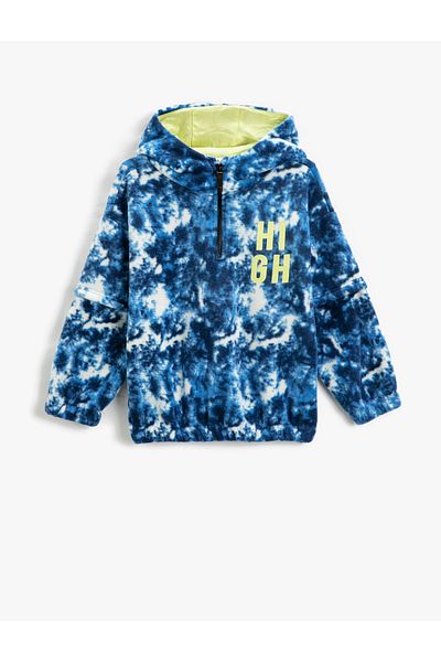 Koton Fleece Hooded Sweatshirt with Half Zipper, Batik Pattern, Elastic Waist and Cuffs