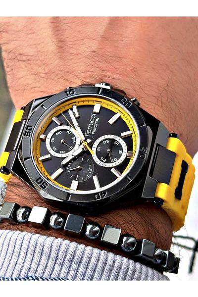 Ferrucci Yellow Sports Silicone Band Men's Wrist Watch + Bracelet with Gift
