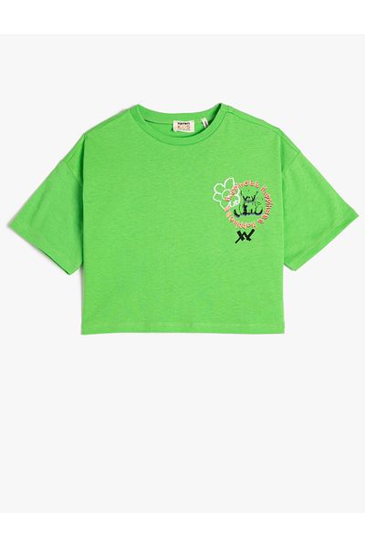 Koton Crop Oversize T-Shirt Printed on the Back Short Sleeve Crew Neck Cotton