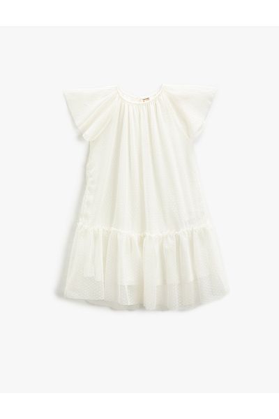 Koton Midi Dress Tulle Lined Butterfly Sleeve Ruffle Crew Neck
