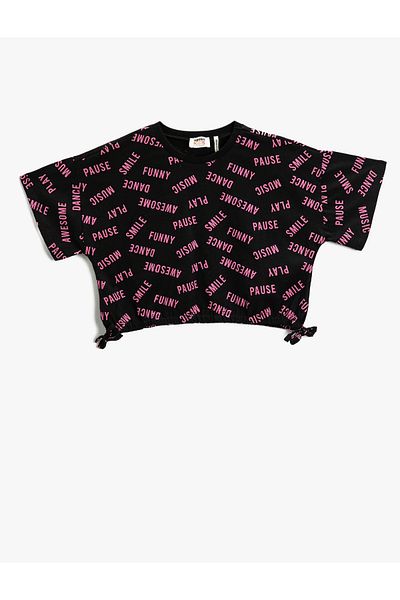 Koton Tricou oversize crop, cu mânecă scurtă, imprimat, cu gâtul turn, cu detaliu cu fundă pe laterale