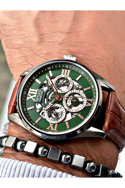 Ferrucci Brown Leather Cord Function Men's Wrist Watch + BRACELET GIFT