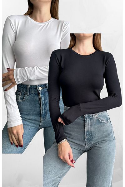 macharel jeans Μαύρο-άσπρο 2-pack Crew Neck Basic μακρυμάνικο κορμάκι