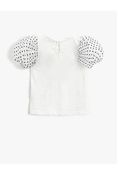 Koton T-Shirt mit Ballonärmeln, aufgedruckten Tupfen und Tülldetails
