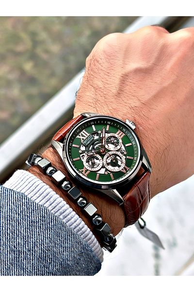 Ferrucci Brown Leather Cord Function Men's Wrist Watch + BRACELET GIFT