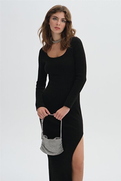 SHERIN Black Slit Long Knitwear Dress