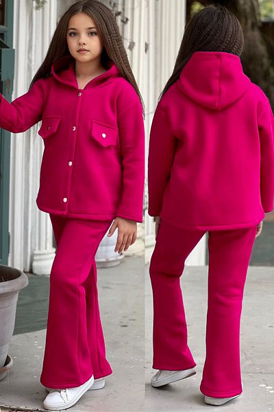 C&C OKULCUNUZ Σετ φόρμας 3 κλωστών Fleece για κορίτσια - Φαρδιά πόδια, κουμπωτά
