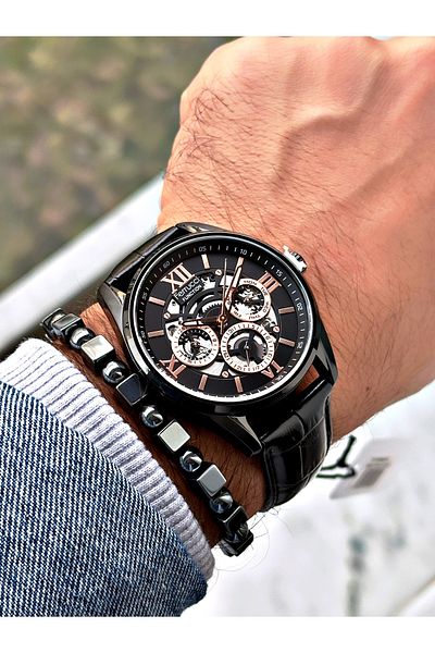 Ferrucci Black Color Leather Cord Function Men's Wrist Watch + Bracelet with Gift