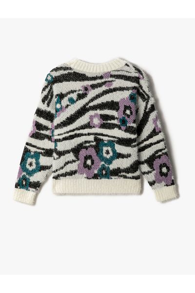 Koton Zebra Patterned Floral Plush Sweater Long Sleeve Crew Neck