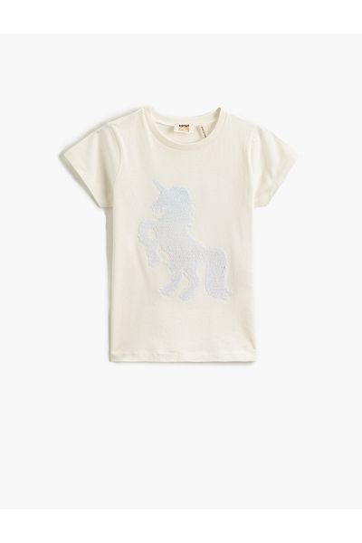 Koton Vyšívané triko s flitry Unicorn s krátkým rukávem a výstřihem