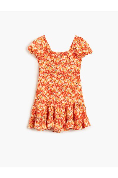 Koton Floral Φόρεμα Midi Ruffle U λαιμόκοψη κοντό μανίκι