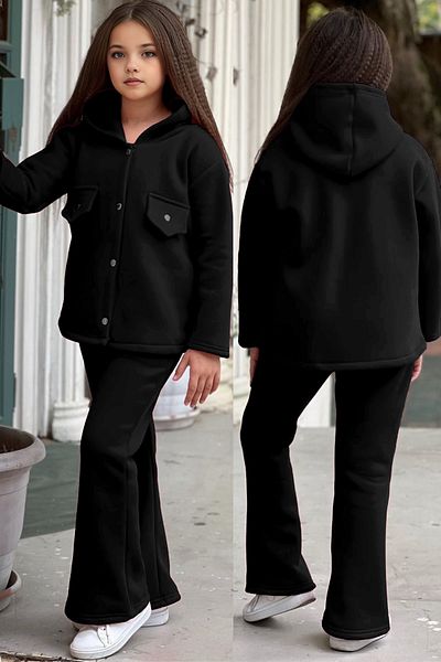 FEEL STYLE Σετ φόρμας 3 κλωστών Fleece για κορίτσια - Φαρδιά πόδια, κουμπωτά