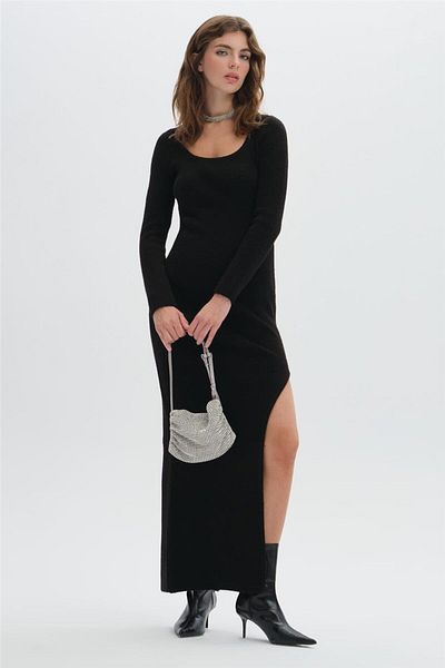 SHERIN Black Slit Long Knitwear Dress