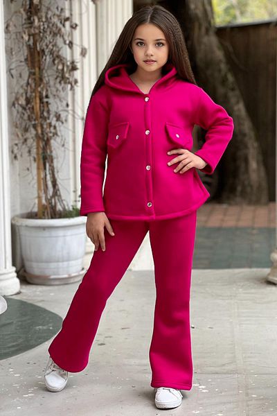 C&C OKULCUNUZ Σετ φόρμας 3 κλωστών Fleece για κορίτσια - Φαρδιά πόδια, κουμπωτά
