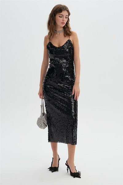 SHERIN Black Sequin Slip Dress