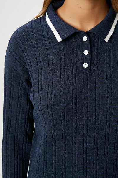 Ritnice Women's Mia Polo Neck Navy Blue Stripe Sweater Skirt Knitwear Bottom Top Set