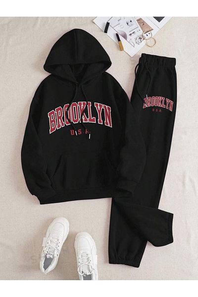 Hunors Sportswear & Company Γυναικεία αθλητική φόρμα Brooklyn Printed Black - Oversized Cut, Hoodie και ελαστικά πόδια