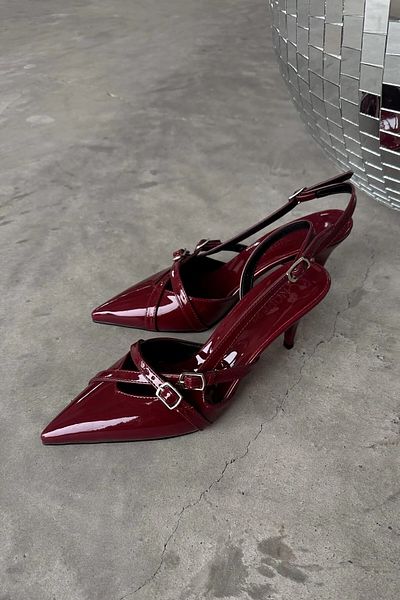 DRK FASHİON Women's Burgundy Patent Leather Buckle Detailed Thin Heeled Stiletto Shoes Nope