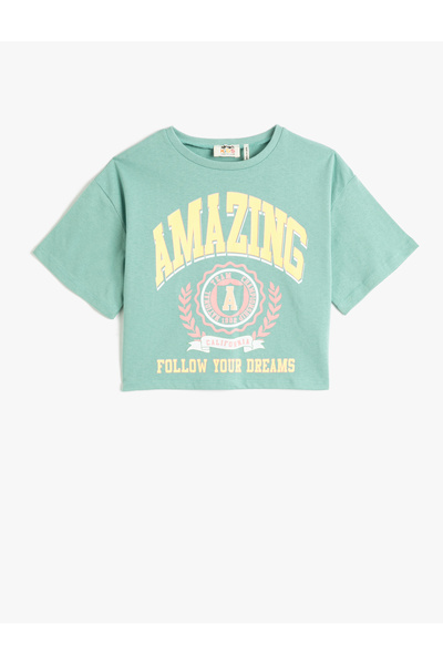 Koton Tricou oversize crop imprimat cu mânecă scurtă, decolteu, bumbac