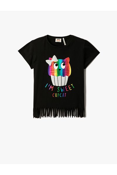 Koton Tricou cu mânecă scurtă cu imprimeu pisică, cu ciucuri, bumbac, cu gât turnat