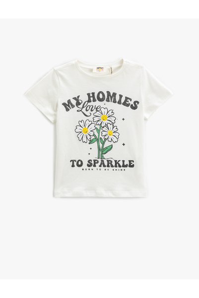 Koton Daisy Printed T-Shirt Short Sleeve Crew Neck Glitter