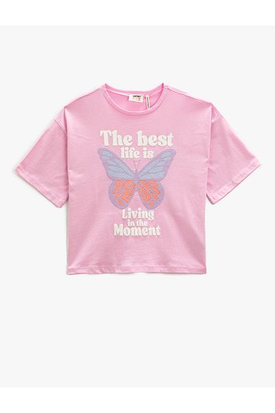 Koton Butterfly Embroidered T-Shirt Short Sleeve Crew Neck Cotton