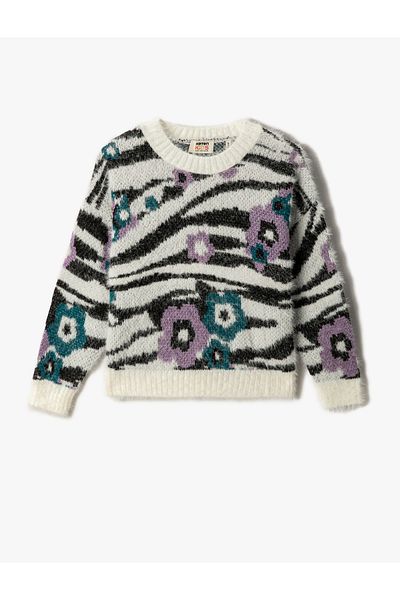 Koton Zebra Patterned Floral Plush Sweater Long Sleeve Crew Neck